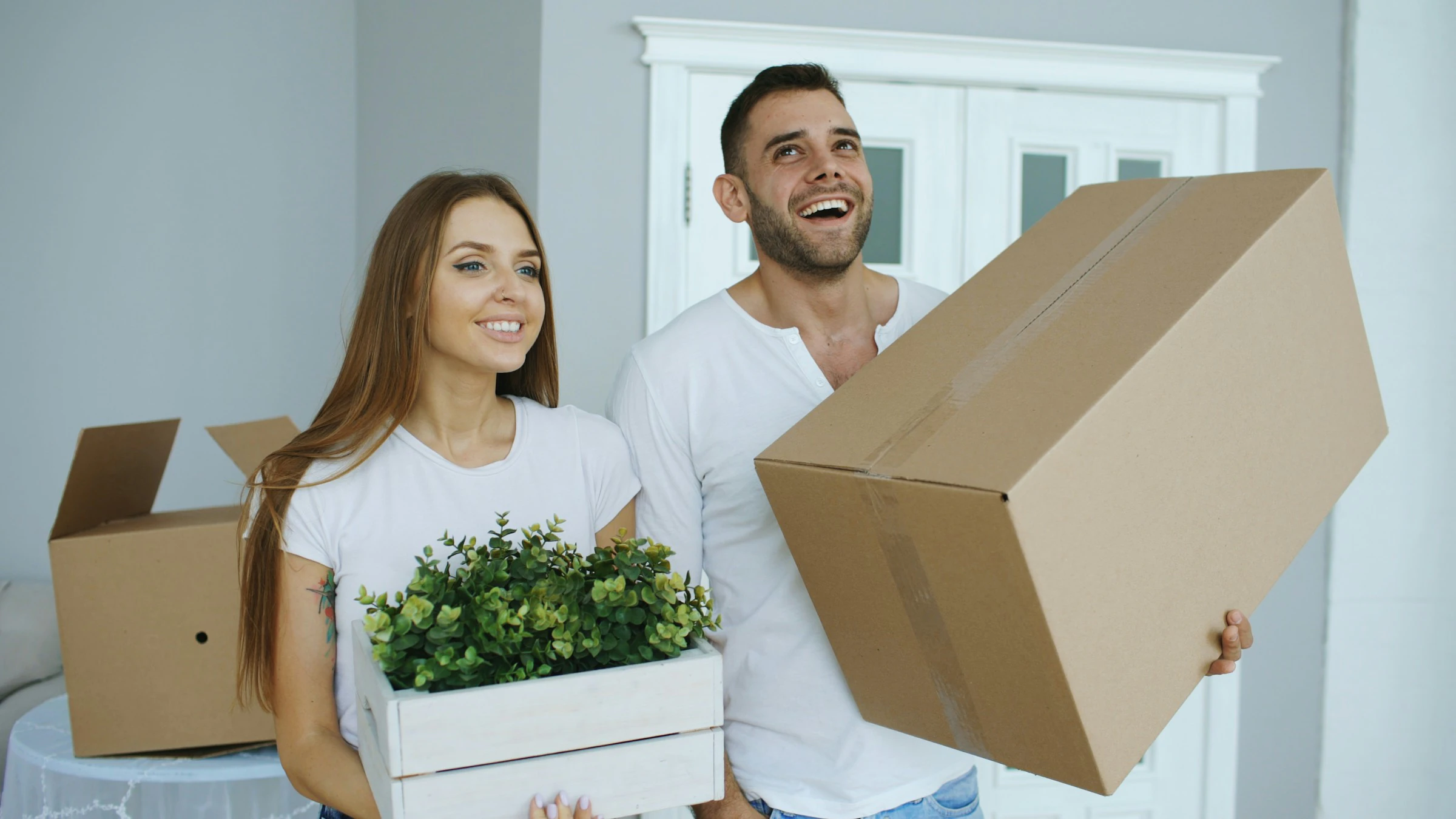 Ein Paar trägt Umzugskisten und eine Pflanze in die neue Wohnung