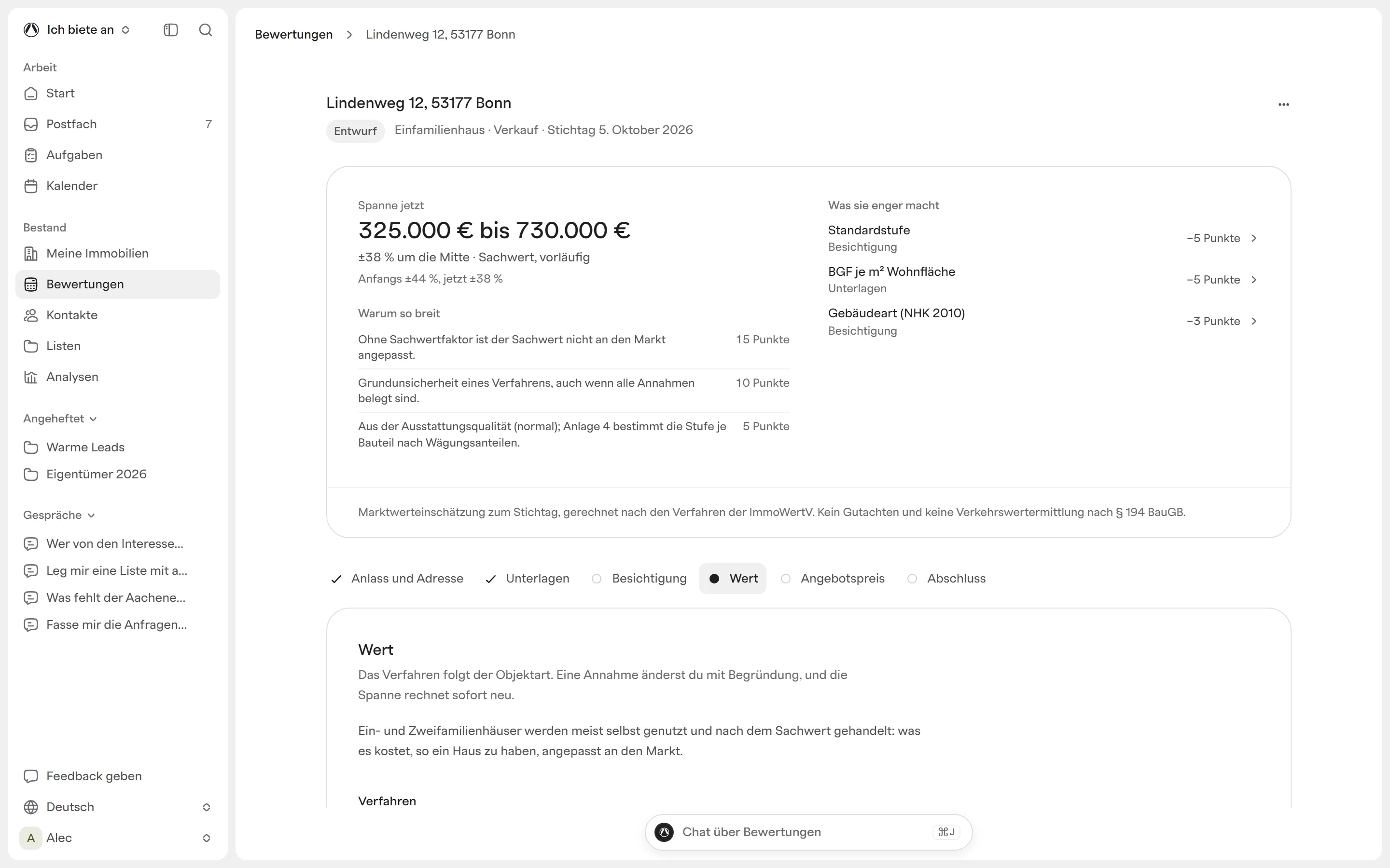 Athaus, valuation of Lindenweg 12 in Bonn: a range of 325,000 to 730,000 euros, why it is that wide and what would narrow it, below the steps to completion.