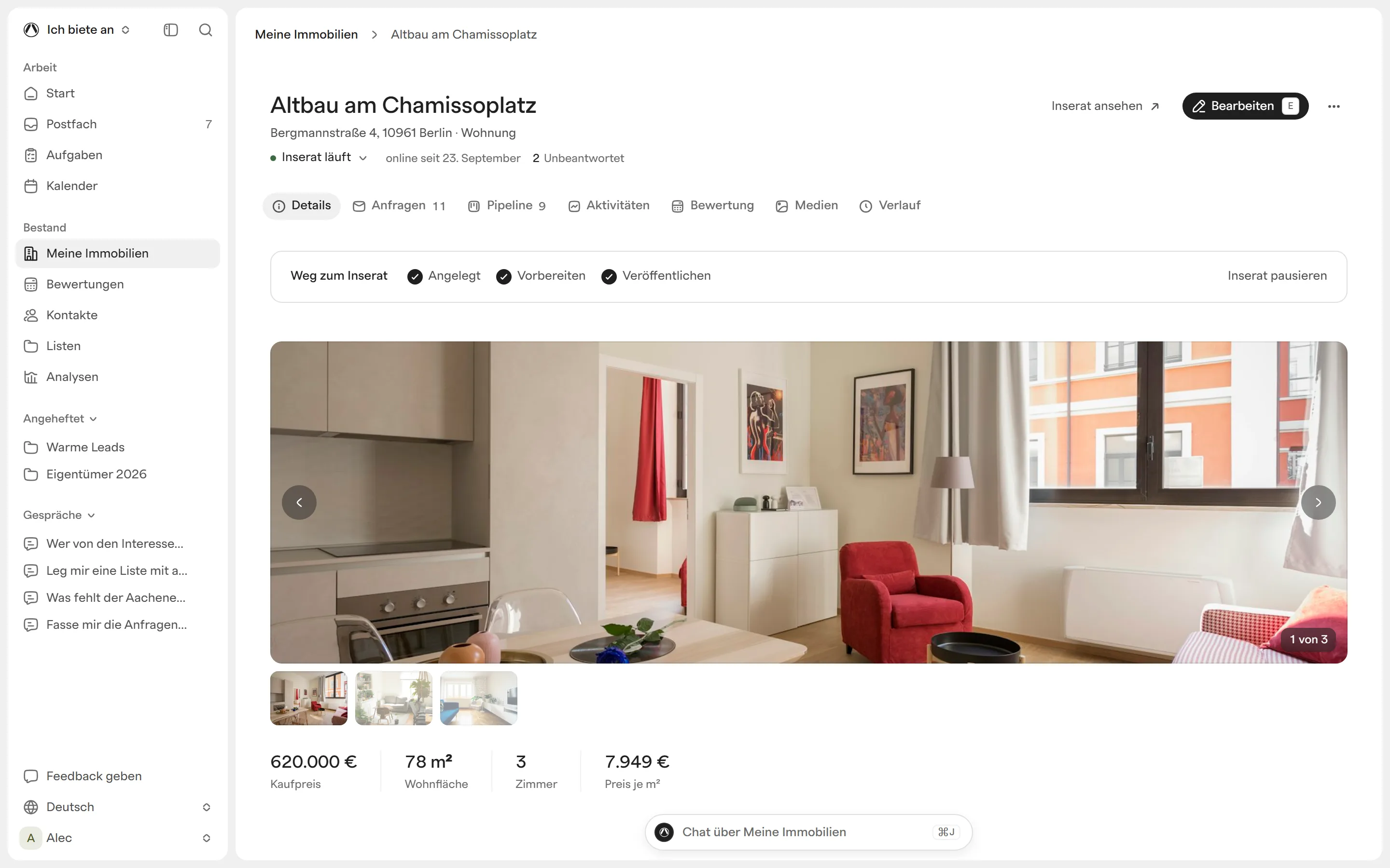 Athaus, a property: the overview of the period flat at Chamissoplatz with 11 enquiries, 9 in the pipeline, 2 viewings and its photos, on the right its marketing: in the catalogue on athaus.ai, the exposé text for approval, enquiries by source and the link for the owner, below the valuation.